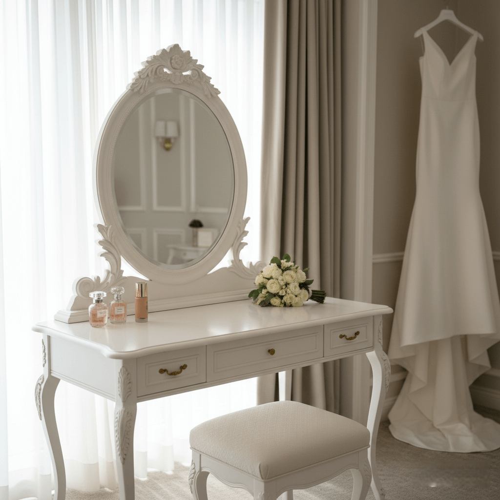 Masa makeup mireasa cu oglinda Hollywood si lumini profesionale, mobilier elegant pentru pregatiri nunta PIM MOOD Events